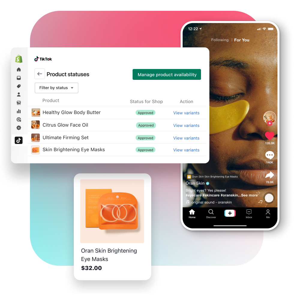 TikTok视频显示一名妇女戴眼罩窗口覆盖顶部特征TikTok应用产品卡显示眼罩产品