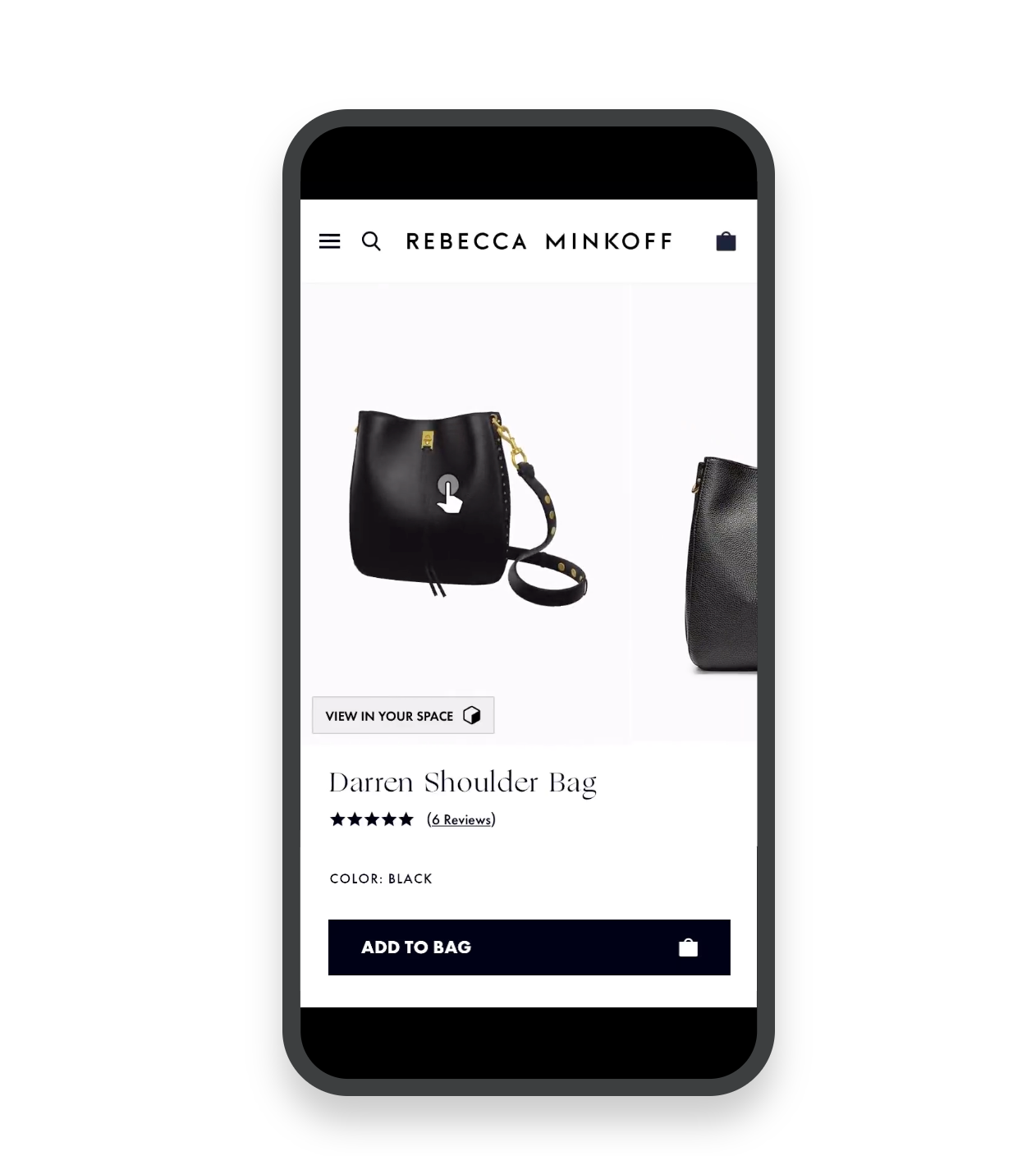 Click to toggle play and pause on the video. A shopper is viewing a black leather purse, shown in 3D