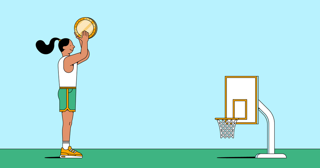 女人抛一枚硬币到篮球网very low as a metaphor for a low investment business idea