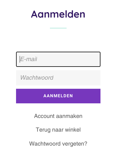 Een inlogscherm voor klanten in een onlinewinkel met formuliervelden voor e-mailadres en wachtwoord. Het veld E-mailadres is blauw omlijnd.