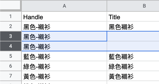 在产品CSV谷歌电子表格中，文本black shirt在第三行和第四行的句柄列下面输入。gydF4y2Ba