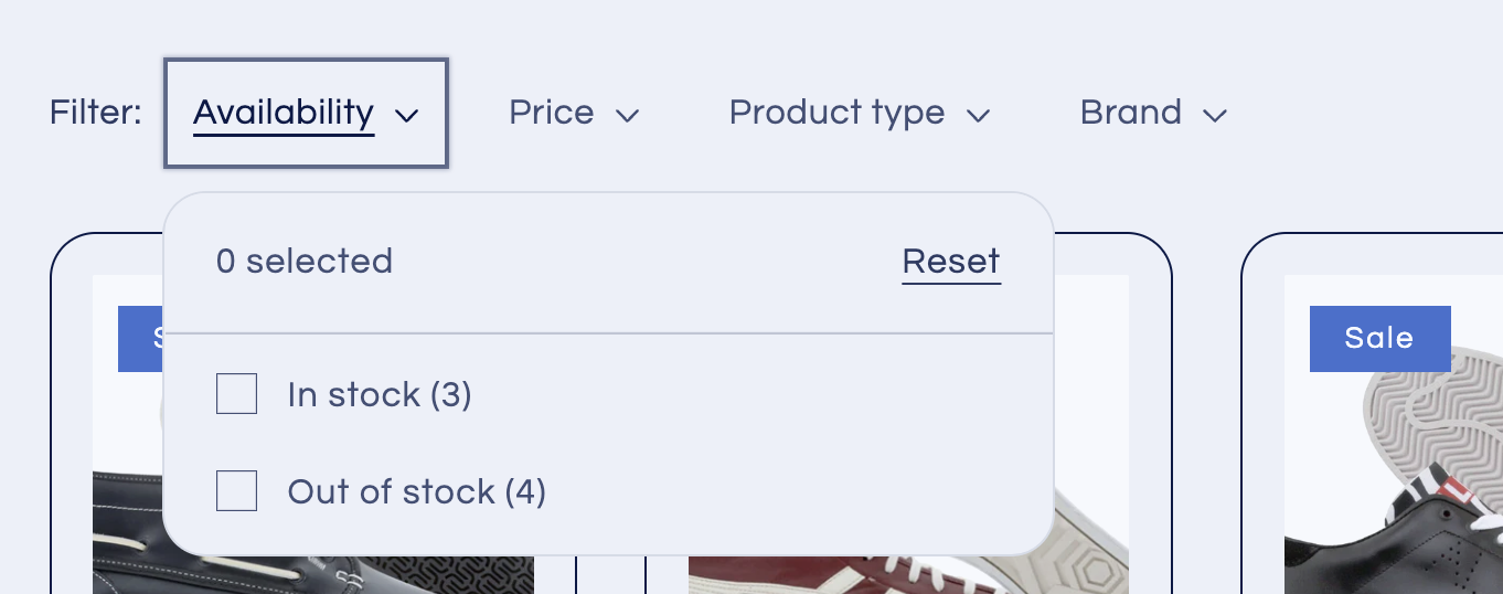 在线店面的图片，显示“产品”标题下方的筛选选项。显示的筛选选项包括“是否有货”、“价格”、“产品类型”和“品牌”。