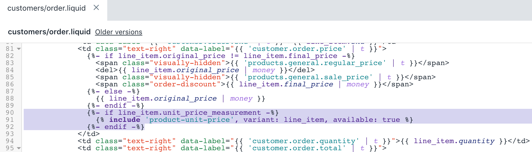 De bijgewerkte versie van het bestand customers/order.liquid”width=