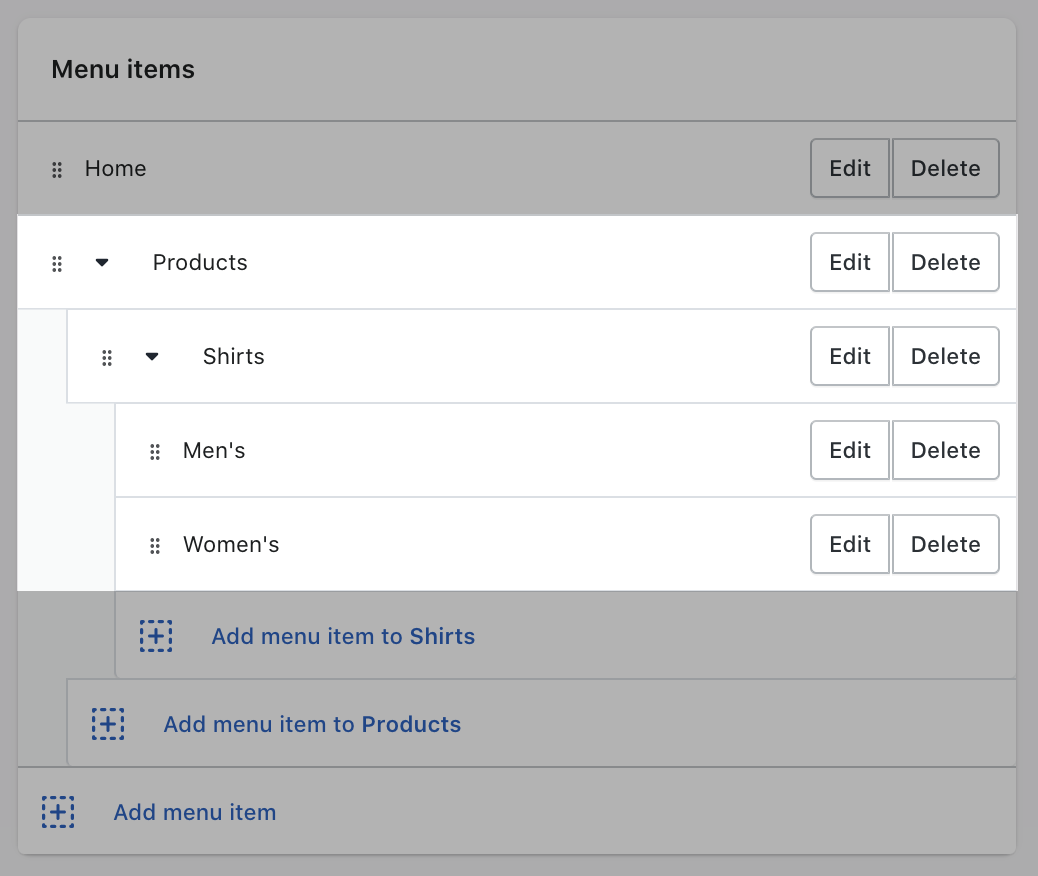 Ảnh hiển thị mục cấp trên và hai cấp của menu lồng nhau trong mục Cửa hàng trực tuyến > Điều hướng của trang quản trị Shopify