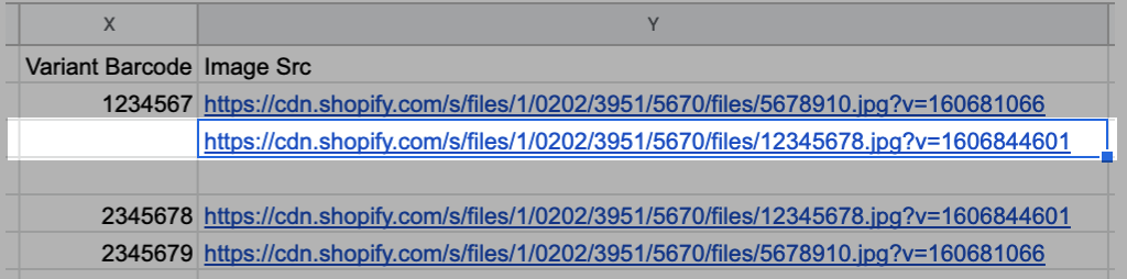 In a product CSV Google spreadsheet, the black t-shirt product image URL is entered into a row in the Image Src column.