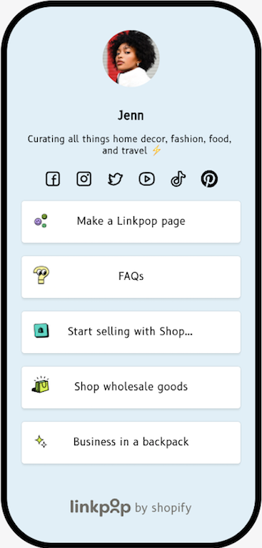 一个链接pop的例子登陆页面，显示了一个简短的个人简介，链接到社交媒体账户，以及与linkpop和Shopify相关的网页的数字链接。