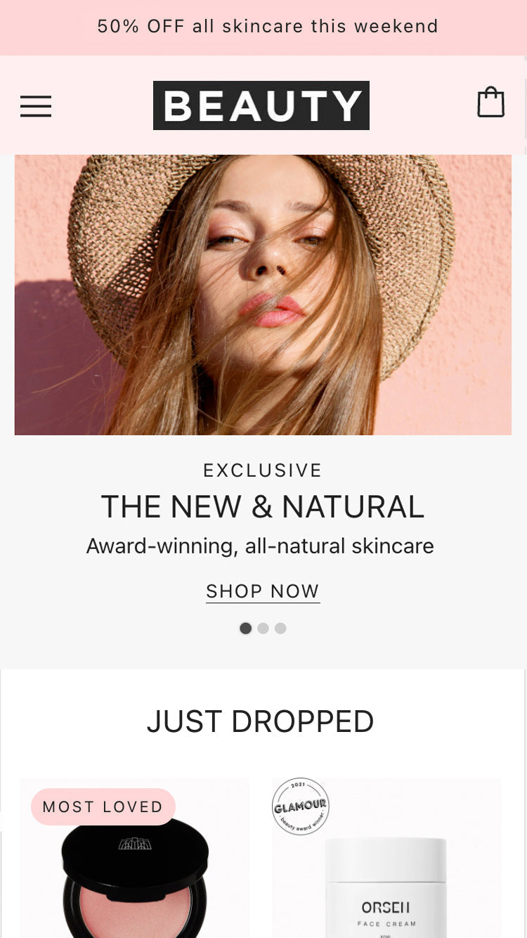 Forhåndsvisning på mobil for Blockshop med stilen “Beauty”