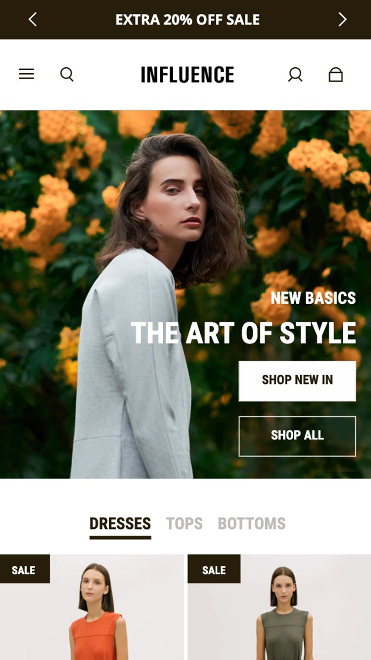 預覽行動版「Influence」樣式的Default佈景主題