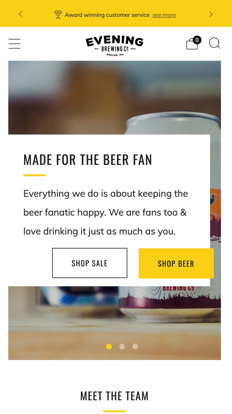 Aperçu de la version mobile du thème Venue dans le style « Evening »